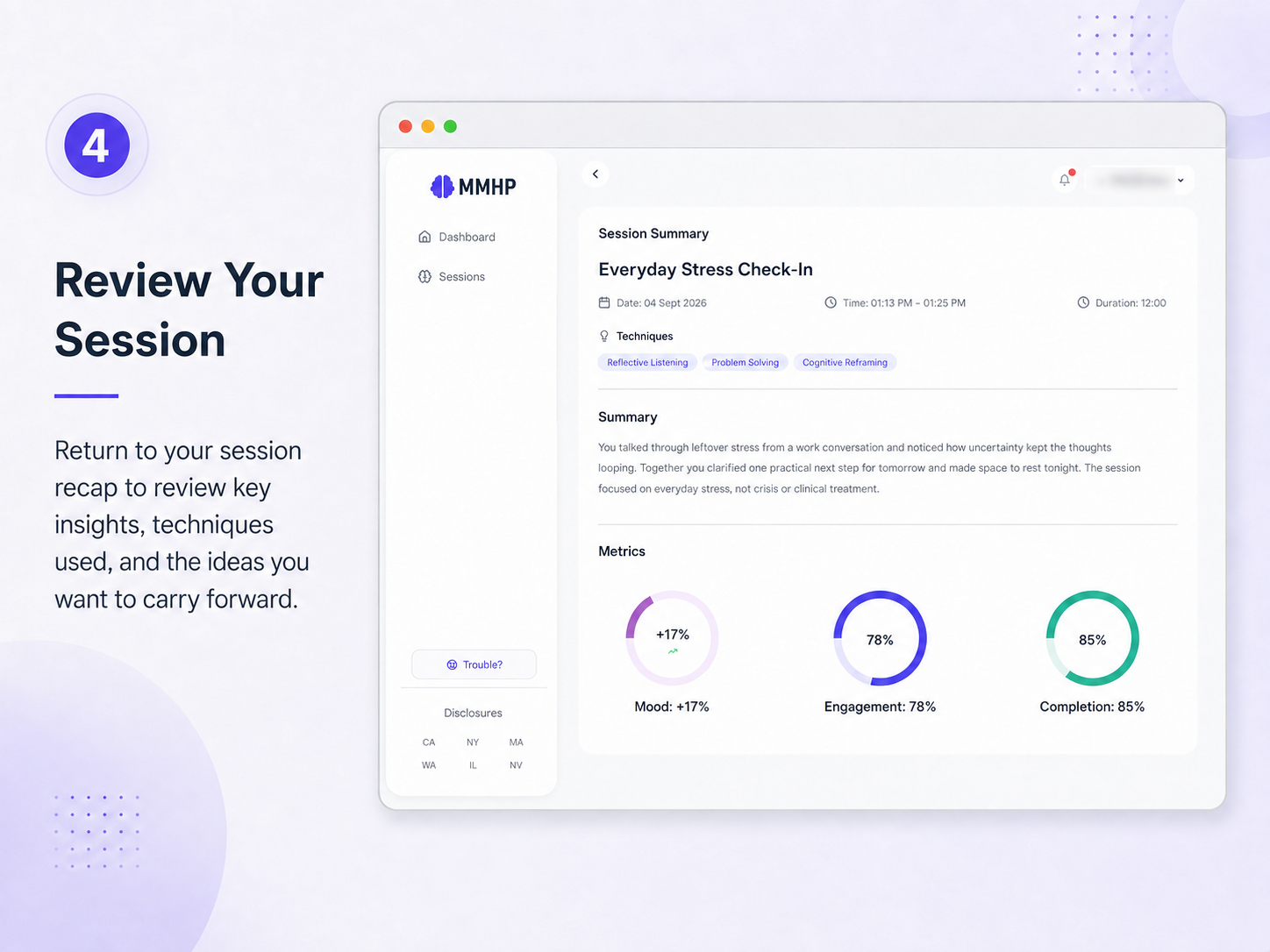MMHP completed session summary showing insights, techniques, and session metrics