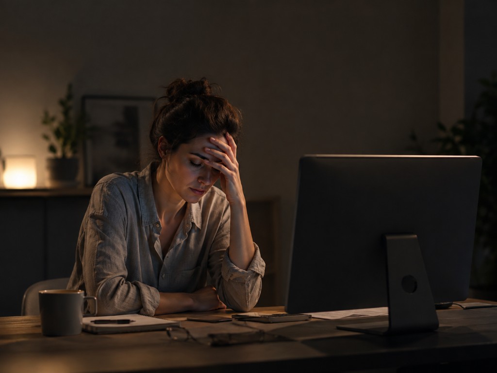Person at a computer looking frustrated late at night, when they might want to talk something through