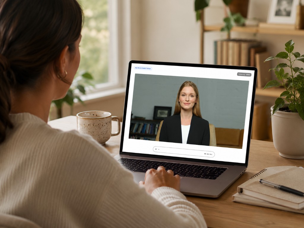 My Mental Health Partner AI video conversation interface shown on a laptop